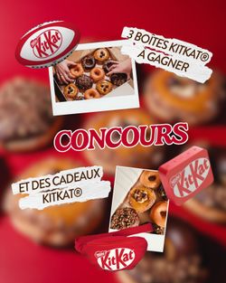 Doughnuts variés et boîte KitKat® sur fond rouge, promotion concours chez Krispy Kreme - Aéroville.