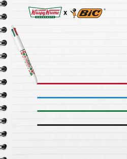Notebook page with Krispy Kreme and Bic logos at the top, featuring a Krispy Kreme branded Bic pen on the left