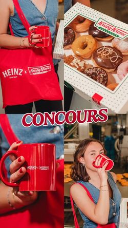 Box of assorted Krispy Kreme doughnuts alongside branded red mug and tote bag held by a person.