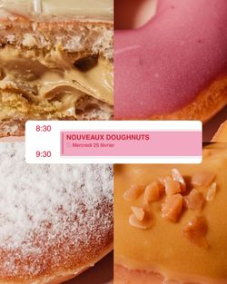 Quatre doughnuts variés avec glaçage, crème, sucre glace et morceaux caramélisés, spécialités de Krispy Kreme.