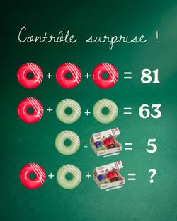 Équation mathématique avec des images de doughnuts et des boîtes de doughnuts sur fond vert, jeu de calcul visuel.
