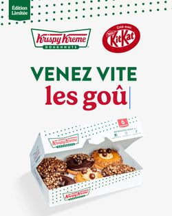 Boîte de six doughnuts Krispy Kreme édition limitée avec éclats de KitKat, proposée au café Krispy Kreme avenue de Clichy.