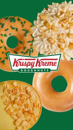 Quatre doughnuts variés aux garnitures et glaçages différents autour du logo Krispy Kreme sur fond vert.