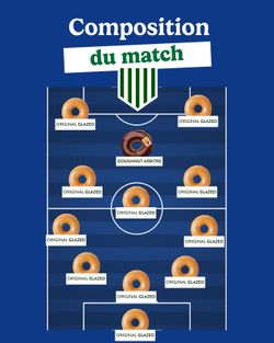Composition de match de football avec donuts Original Glazed sur le terrain et un doughnut arbitre au centre.