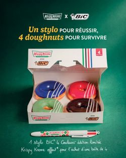 Boîte de 4 doughnuts colorés de Krispy Kreme en édition limitée avec un stylo BIC offert pour un achat.
