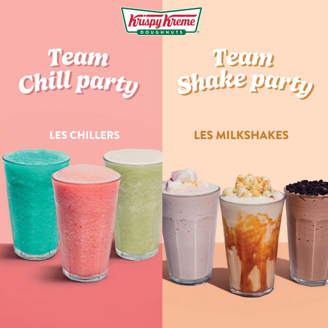 Assortiment de milkshakes et de boissons rafraîchissantes disponibles chez Krispy Kreme.